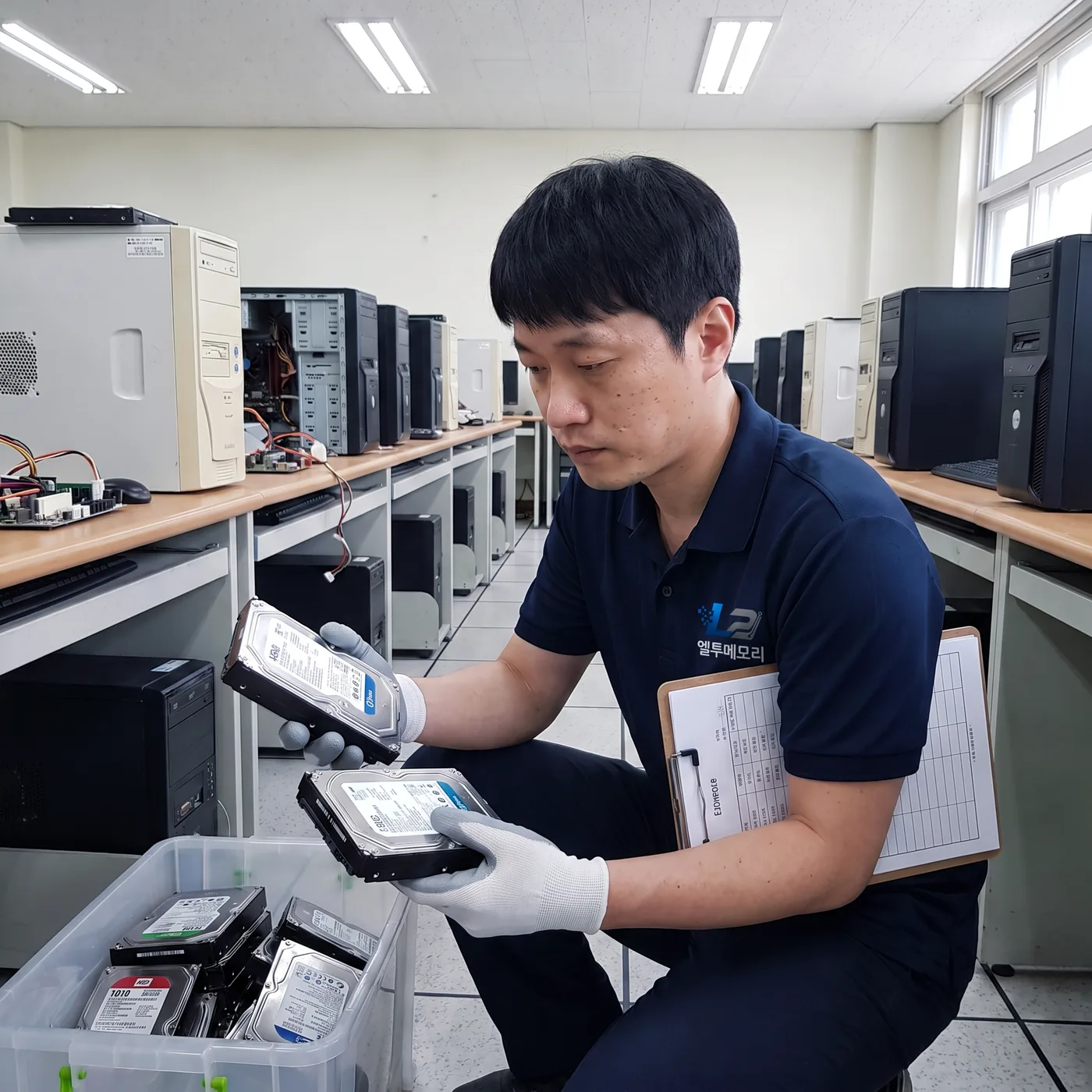 학교 전산실에서 PC와 하드디스크를 수거하는 모습